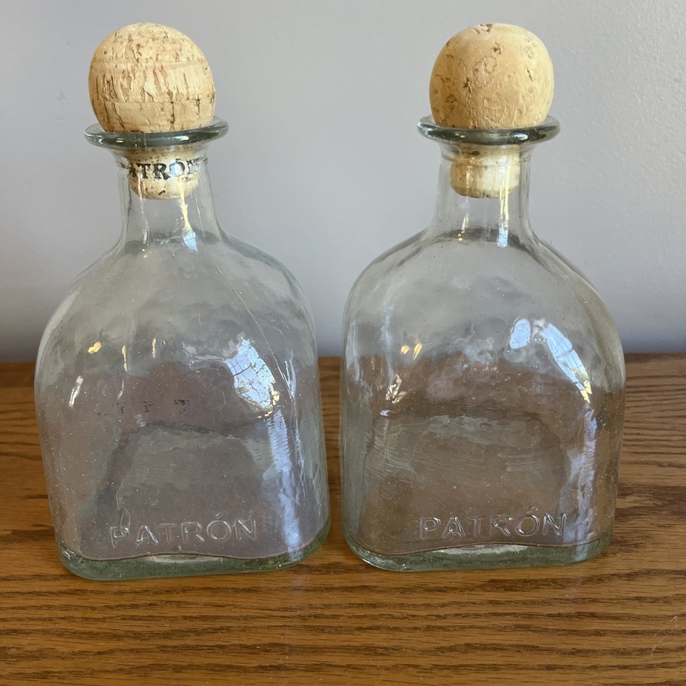Vintage Patron‎ Decanter Bottles Square Base Tequila Jars Clear Glass Lot Of 2